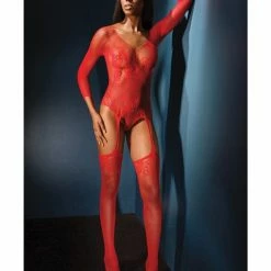 Coquette International Sleek Seamless Stretch Net Long Sleeve Teddy With Attached. Stockings Red One Size Fits Most Lingerie