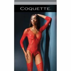 Coquette International Sleek Seamless Stretch Net Long Sleeve Teddy With Attached. Stockings Red One Size Fits Most Lingerie