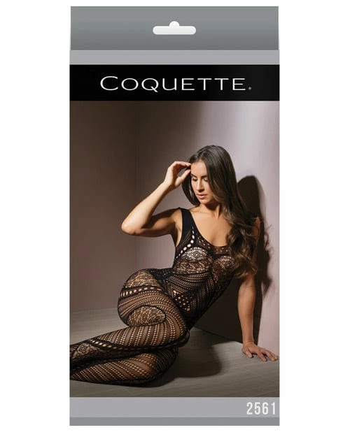 Coquette International Sleek Seamless Stretch Net Patchwork Print Bodystocking Black One Size Fits Most