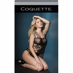 Coquette International Sleek Seamless Stretch Net Teddy With Strappy Shoulders & Laser Cutouts Waist Black One Size Fits Most Lingerie