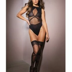 Coquette International Sleek Sheer Nylon Opaque Print Sleeveless Teddy & Stockings Black One Size Fits Most