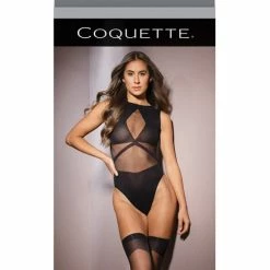 Coquette International Sleek Sheer Nylon Opaque Print Sleeveless Teddy & Stockings Black One Size Fits Most