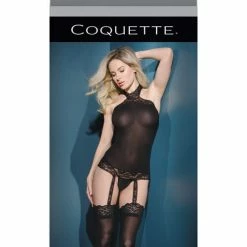 Coquette International Sleek Stretch Lace Halter Top With Attached. Stockings Black One Size Fits Most
