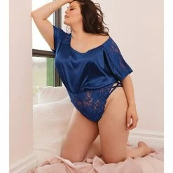 Coquette International Lingerie Stretch Satin & Scallop Stretch Lace Off The Shoulder Romper Navy Os-xl