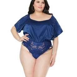 Coquette International Lingerie Stretch Satin & Scallop Stretch Lace Off The Shoulder Romper Navy Os-xl