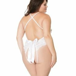 Coquette International Lingerie Stretch & Scallop Lace Crotchless Teddy White Os-Xl