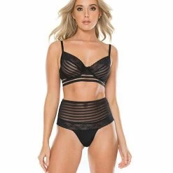Coquette International Striped Mesh Bra & High Waist Thong Black Lingerie