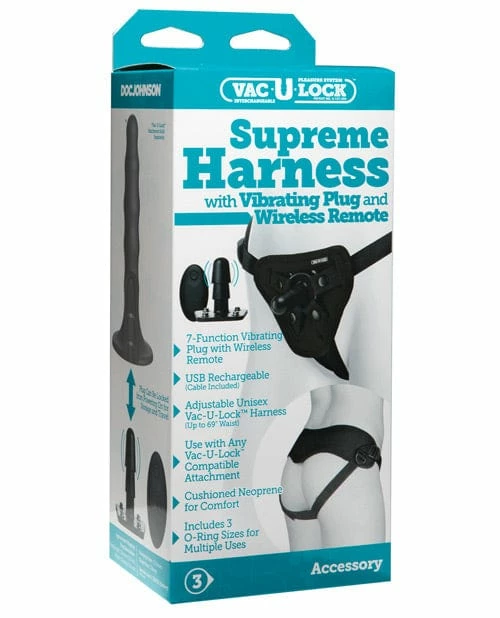 Doc Johnson Vac-U-Lock Supreme Harness With Vibrating Plug - Black Dildos