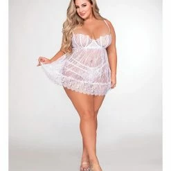 Dreamgirl International Eyelash Lace Babydoll & Strappy G-string Panty White