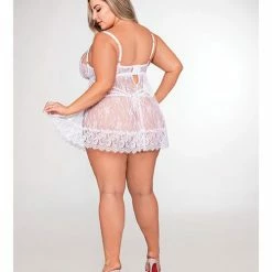 Dreamgirl International Eyelash Lace Babydoll & Strappy G-string Panty White