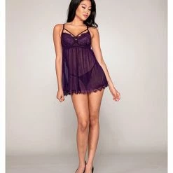 Dreamgirl International Eyelash Lace & Stretch Mesh Babydoll & G-string Eggplant
