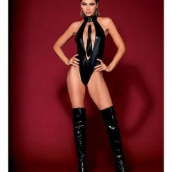 Dreamgirl International Fetish Faux Leather High Neck G-string Teddy W-removable Flogger Black O-s