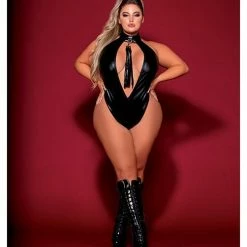 Dreamgirl International Lingerie Fetish Faux Leather High Neck G-string Teddy W-removable Flogger Black Qn