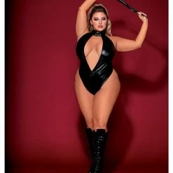 Dreamgirl International Lingerie Fetish Faux Leather High Neck G-string Teddy W-removable Flogger Black Qn