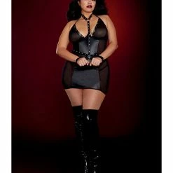 Dreamgirl International Fetish Faux Leather & Mesh Chemise, Harness With Wrist Restraints & G-string