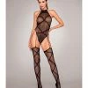 Dreamgirl International Lingerie Fishnet Garter Teddy Bodystocking W-attached Garters & Thigh High Black O-s