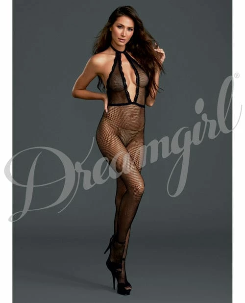 Dreamgirl International Fishnet Halter Bodystocking Black One Size Fits Most