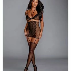 Dreamgirl International Fishnet & Lace 2 Piece Garter Dress Black One Size Fits Most