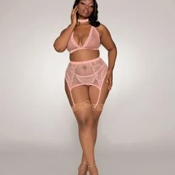Dreamgirl International Lingerie Fishnet & Lace Halter Bralette, Garter Belt, G-string & Choker Rose Pink Qn