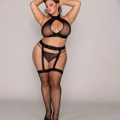 Dreamgirl International Fishnet & Lace Halter Bralette, Garter Pantyhose & G-string Black Qn Lingerie