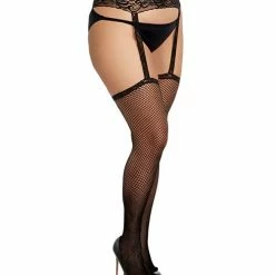 Dreamgirl International Fishnet Suspender Garter Pantyhose With Back Seam & Bow Accent