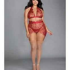 Dreamgirl International Lingerie Floral Embroidery Halter Bralette, High Wasted Garter Skirt & G-string