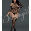 Dreamgirl International Floral Netted Teddy Bodystocking With Attached Thigh Highs Black Queen Size