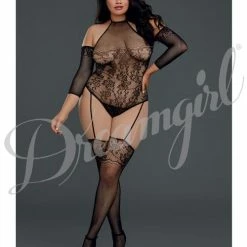 Dreamgirl International Floral Netted Teddy Bodystocking With Attached Thigh Highs Black Queen Size