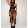 Dreamgirl International Halter Neck Open Crotch Fishnet Bodystocking W-striped Teddy Design Black Qn Lingerie