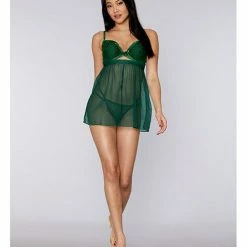 Dreamgirl International Holiday Embroidery & Mesh Babydoll With G-string Evergreen