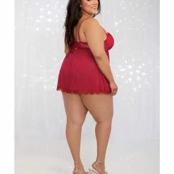 Dreamgirl International Holiday Stretch Mesh Skirt, Underwire Push Up Cup Babydoll & G-string Lingerie