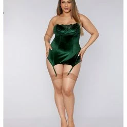 Dreamgirl International Holiday Stretch Velvet Garter Slip With Attached Garters Evergreen Lingerie