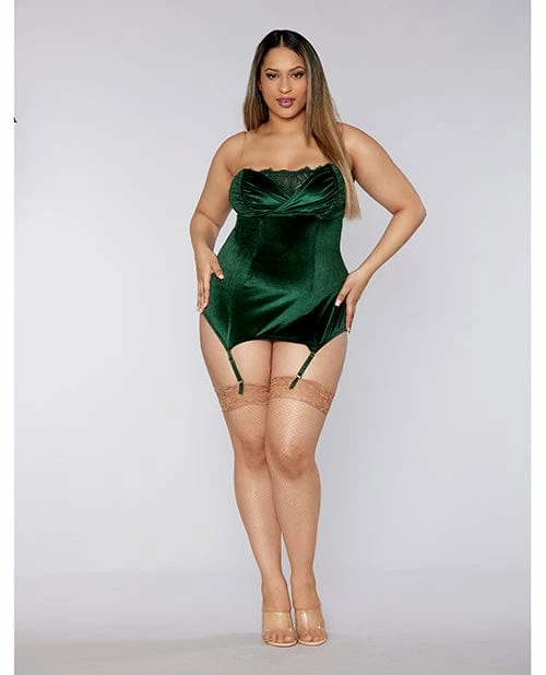 Dreamgirl International Holiday Stretch Velvet Garter Slip With Attached Garters Evergreen Lingerie