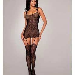 Dreamgirl International Knitted Lace Design Garter Dress W-criss Cross Back & Attached Garter Thigh Highs Black O-s