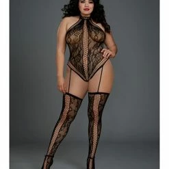 Dreamgirl International Lace Halter Neckline Teddy Bodystocking With Attached Garters & Thigh Highs