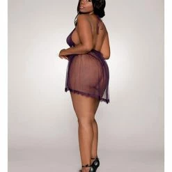 Dreamgirl International Lace & Sheer Skirted Teddy Eggplant Qn