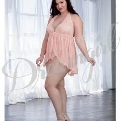 Dreamgirl International Lace & Sheer Skirted Teddy Pink Champagne Queen Size Lingerie