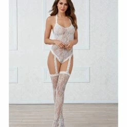 Dreamgirl International Lingerie Lace Teddy Bodystocking With Pearl Back & Attached Garters & Thigh High Stockings White One Size Fits Most