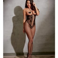Dreamgirl International Open Cup Open Crotch Bodystocking With Knitted Lace Teddy Design Black Os Lingerie