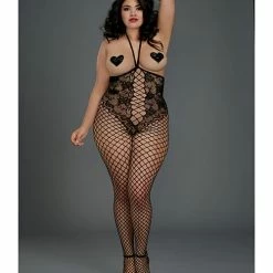 Dreamgirl International Lingerie Open Cup Open Crotch Bodystocking With Knitted Lace Teddy Design Black Queen Size