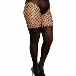 Dreamgirl International Pantyhose With Solid Knitted Panty & Thigh High Look Black Queen Size Lingerie