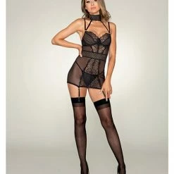 Dreamgirl International Lingerie Scalloped Stretch Lace Garter Slip & G-string Black