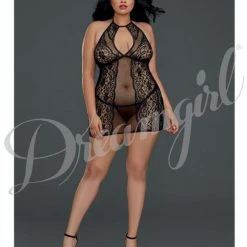 Dreamgirl International Lingerie Sheer Lace Chemise With G-string Black Queen Size