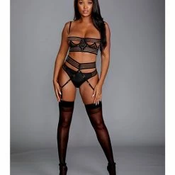 Dreamgirl International Lingerie Sheer Striped Elastic Underwire Bra, Garter Belt & String
