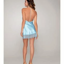 Dreamgirl International Lingerie Silky Satin Charmeuse Bias Cut Neck Chemise Sky Blue