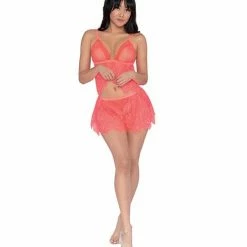 Dreamgirl International Lingerie Simply Sexy Fishnet & Eyelash Lace Cami & Short Coral