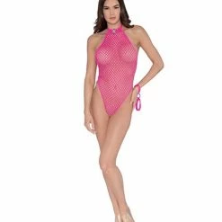 Dreamgirl International Lingerie Simply Sexy Large Fishnet, Open G-string Teddy & Wrist Restraints Paradise Pink O-s