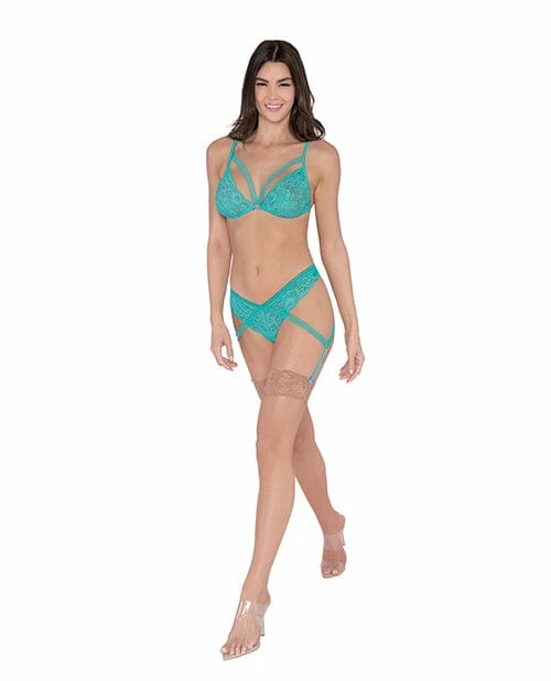 Dreamgirl International Simply Sexy Scalloped Stretch Lace Bralette & G-string W-attached Side Garters Ocean O-s Lingerie