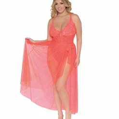 Dreamgirl International Simply Sexy Stretch Lace Teddy (modified) & Sheer Mesh Maxi Skirt With Adjustable Straps & G-string Coral