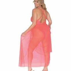 Dreamgirl International Simply Sexy Stretch Lace Teddy (modified) & Sheer Mesh Maxi Skirt With Adjustable Straps & G-string Coral
